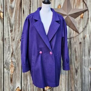 VTG Purple Pea Coat Wool Blend Double Breast Jacket Pockets Vintage USA Size 16